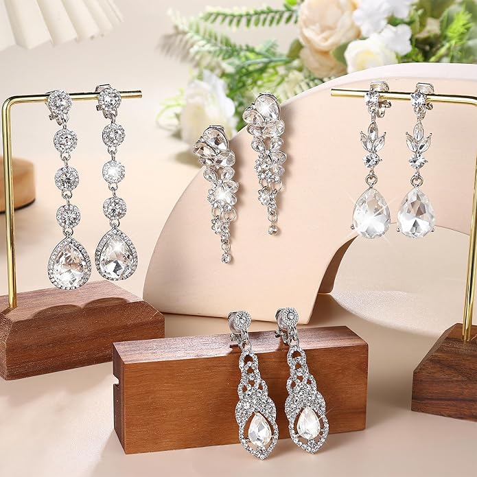 Jstyle 4 Pairs Silver Clip on Earrings for Women Elegant Rhinestone Clip on Earrings Dangle Drop for Brides Bridesmaids Non Pierced Earrings Set
