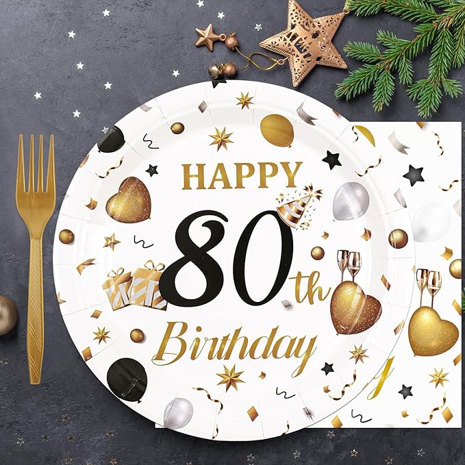 75PCS 80th Birthday Plates and Napkins Party Decorations, 7 Inch White and Gold Happy Birthday Paper Dessert Cake Plates and Napkins with Forks Disposable Tableware Set for Women Men