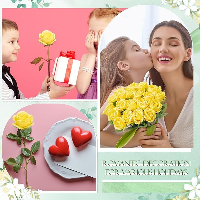 Hotop 80 Pcs Rose Artificial Flowers Bulk with Long Stem, Silk Roses Realistic Fake Flowers Bouquet for Wedding Table Centerpieces Bridal Shower Party Home Decorations(Yellow)