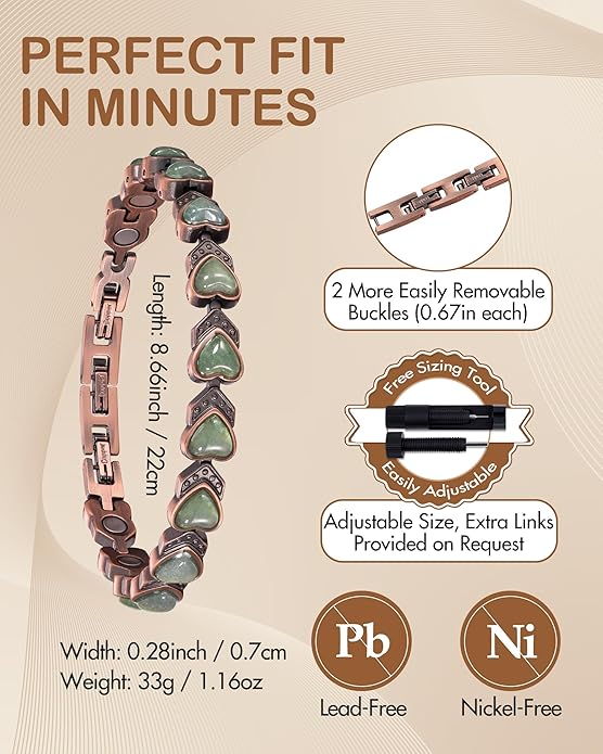Feraco Pure Copper Bracelets for Women, Ultra Strength Magnetic Bracelet with 3800 Gauss Magnets & Natural Turquoise & Stones, Adjustable, Jewelry Gift