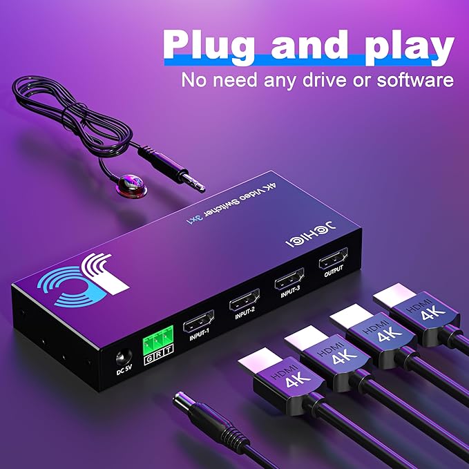 HDMI Switch 3 in 1 Out 4K@60Hz, 3 Ports HDMI Switcher Selector with Remote, Support HDCP 2.2 HD R 10+ Dolby Vision/Atmos 18Gbps CEC for Apple TV Game PC PS4 5 Pro Xbox Roku