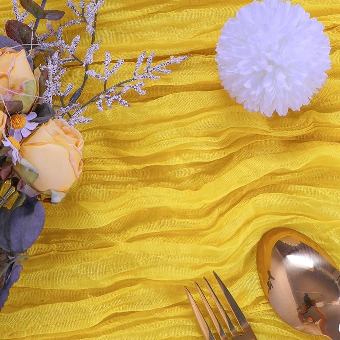 RestfulGlow12 Pack Yellow Cheesecloth Table Runner 10FT Boho Gauze Fabric Table Runner 35 x 120 Inch Rustic Sheer Runner for Centerpiece Wedding Decor Baby Shower Party Boho Table Decoration