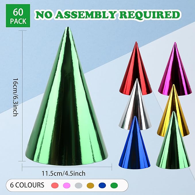 60 Pieces Paper Cone Party Hats Colorful Metallic Foil Birthday Cone Hats for Kids Adults Birthday New Year Party Supplies, 6 Colors