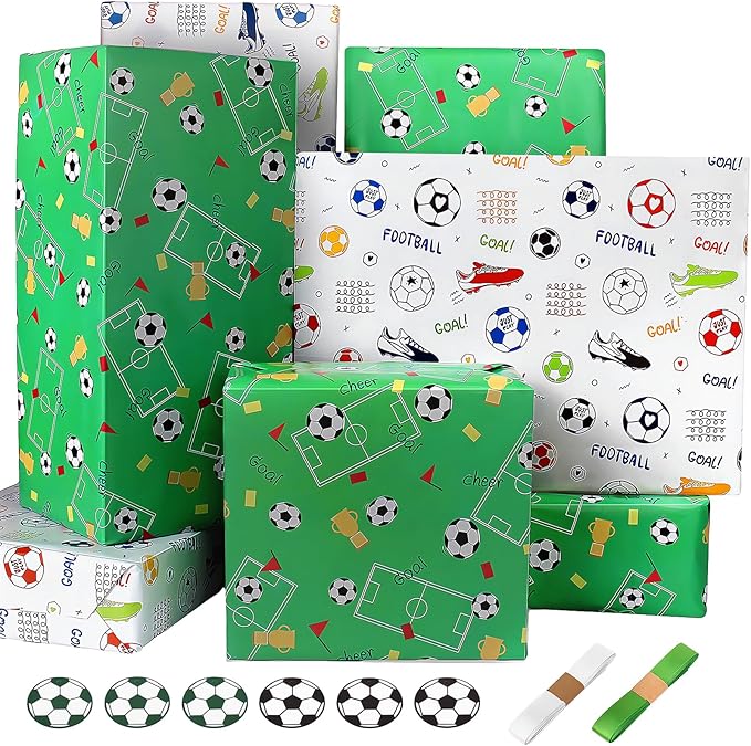Wrapping Paper Football Wrapping Paper Boys Men Birthday Wrapping Paper Sheets with Sport Soccer Green White Mixed Design,Birthday Gift Wrap Set for Present Birthday Paper Wrap,Ribbion Tags(6 Sheets, 28"Lx20"W per Sheet)
