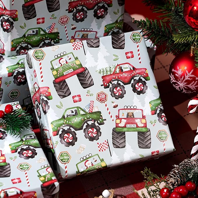 PlandRichW Monster Truck Christmas Wrapping Paper - Colorful Monster Trucks with Xmas Trees & Holiday Patterns - 40×28 Inch Xmas Gift Wrap, 4 Folded Sheets for Kids & Adults