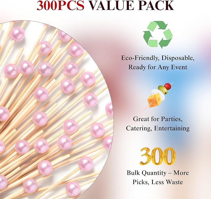 CATIFLIN 300PCS Pink Pearl Cocktail Picks, 4.7" Bamboo Toothpicks for Appetizers, Fancy Food Sticks for Party, Wedding, Charcuterie, Fruit, Dessert, Drinks, Buffet Decor