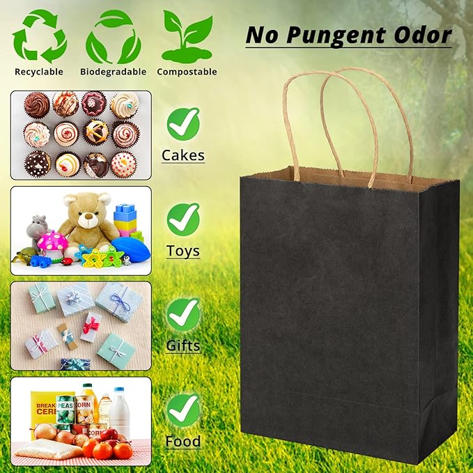 100 Pack 5.9x3.15x8.26 inch Small Gift Bags, Kraft Black Bags with Handles Bulk for Birthday Party Favors,Gift Paper Bags,Retail Shopping Business Goody Craft Gift Bags