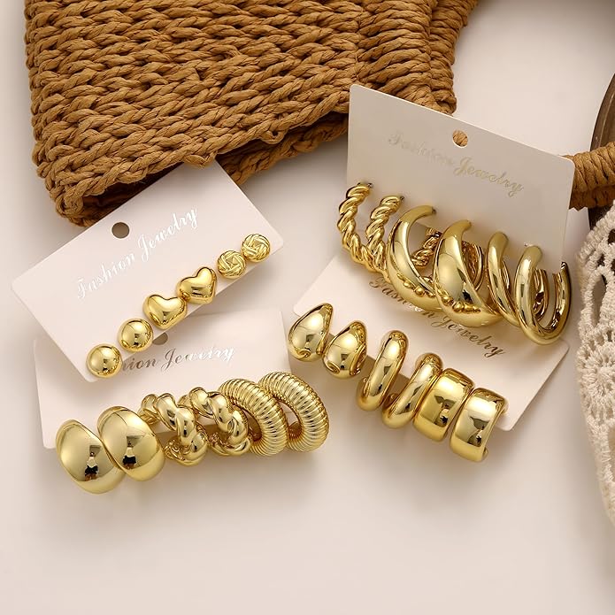 12 Pairs Chunky Gold Hoop Earrings for Women Trendy, Gold Plated Lightweight Hypoallergenic Stack, Thick Open Twisted Huggie Hoops Earring Set