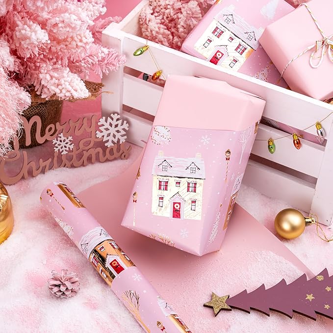 WRAPAHOLIC 30 Inch Jumbo Reversible Christmas Wrapping Paper - 30 Inch x 100 Feet Jumbo Roll Pink House and Solid Pink Wrapping Paper with Metallic Foil Shine for Chrsitmas, Holiday, Party