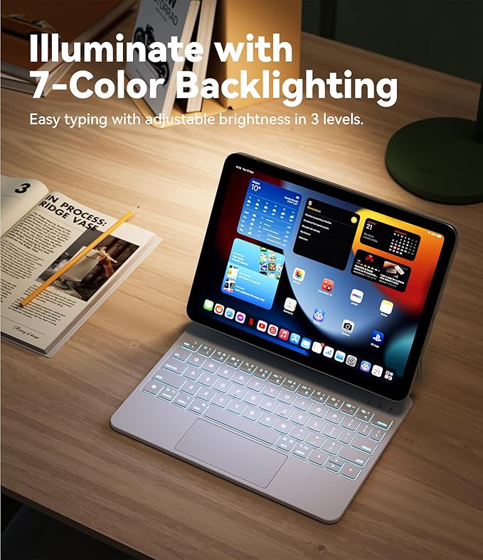 GreenLaw for iPad 11th(A16,2025)/10th(2022) Generation Case with Keyboard, Magic-Style Keyboard Stand, 7 Color Backlit, Stain-Resistant Surface, Multi-Touch Trackpad, White