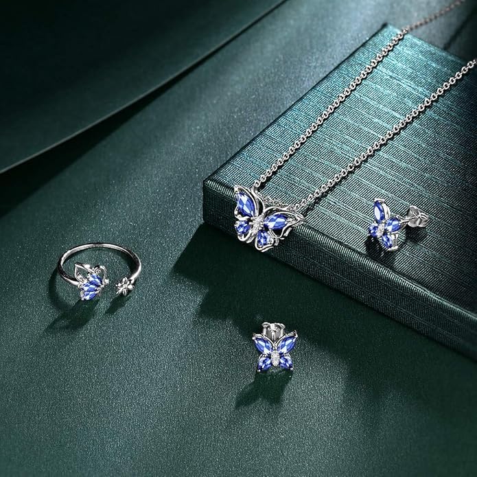 925 Sterling Silver Birthstone Butterfly Jewelry Women Crystal Animal Cute Butterflies Birthday Necklace/Earring/Ring/Bracelet Sets Birth Stone Statement Anniversary Jewellery