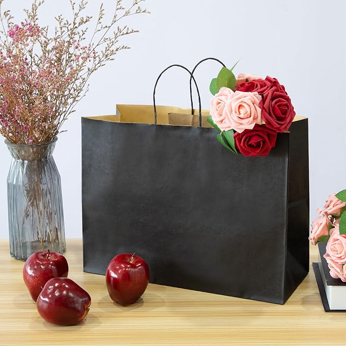 Ronvir 70Pcs Paper Bags with Handles 16x6x12 inch, Large Recycled Kraft Paper Bags Bulk for Shopping, Wedding,Business, Retail, Boutique, Party, Grocery, Party Favor - Black