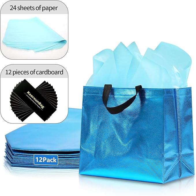 KeerxunBag 12Pcs Reusable Gift Bags（Includes Tissue Paper） Gift bag with handle Birthdays Parties Holidays Weddings Medium 13x5x11in cyan Bags
