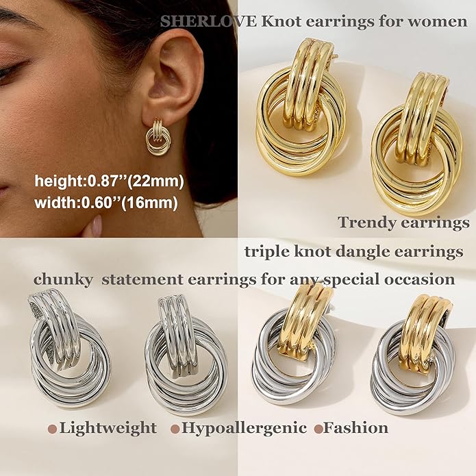 Stocking Stuffers for Women Chunky Gold Knot Dangle Drop Earrings Trendy Statement Earrings Hypoallergenic Lightweight Gold Jewelry Women Christmas Gifts