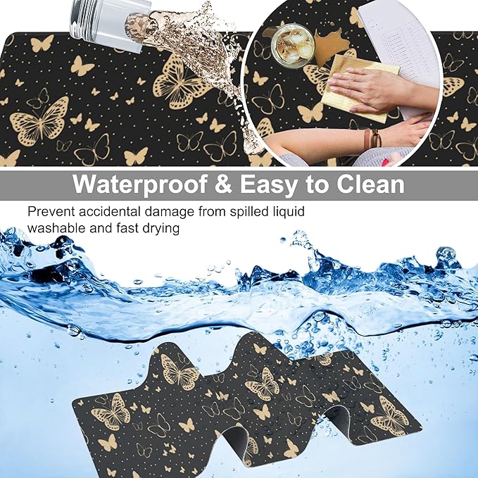 Golden Butterflies Desk Mat,Large Butterfly and Round Spots Gaming Keyboard Mouse Pad,Non-Slip Rubber Base Desk Pad Thick Stitched Edges Waterproof Mousepad Mouse Mat 31.5"x11.8"
