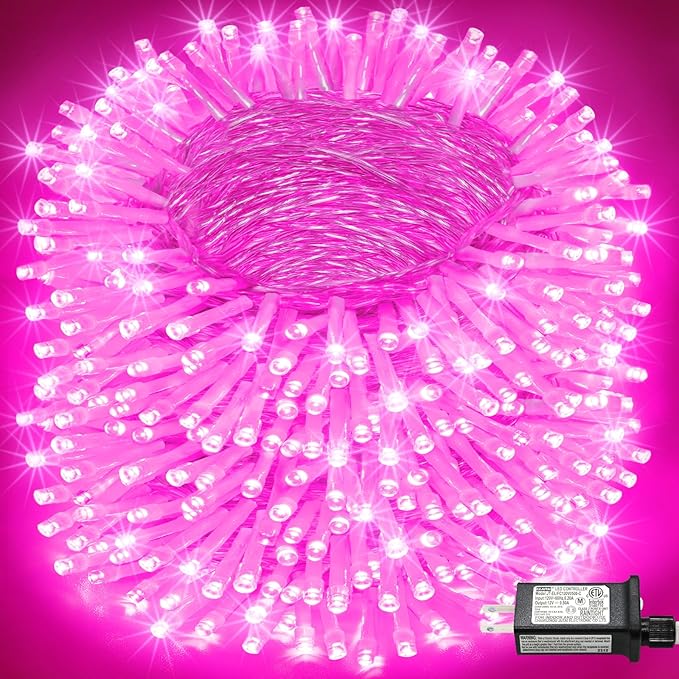 800 LED Christmas Lights Outdoor Indoor, String Lights for Outside with 8 Modes Waterproof, Plug in Twinkle Light Clear Wire for Xmas Wedding, Patio, Garden, House Decorations, Pink