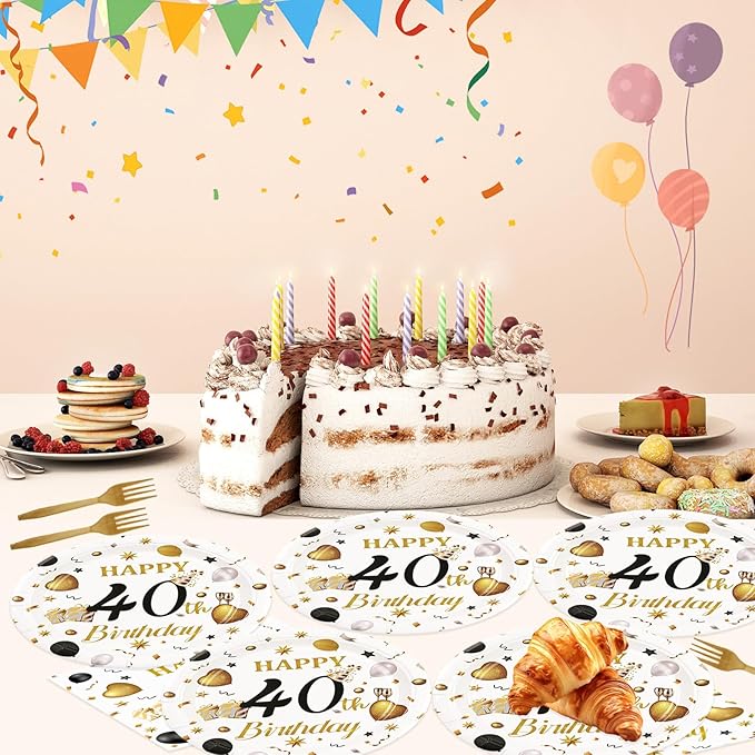 75PCS 40th Birthday Plates and Napkins Party Decorations, 7 Inch White and Gold Happy 40th Birthday Paper Dessert Cake Plates and Napkins Set Disposable Tableware Party Favors for Women Men