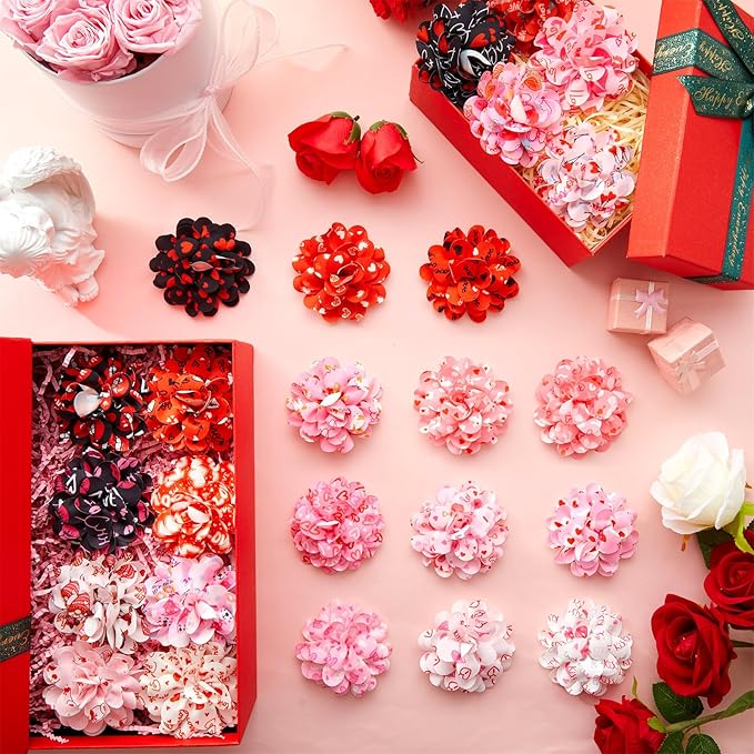 Lyrow 100 Pcs Valentines Day Dog Collar Flowers Bulk Dog Charms Grooming Accessories Pink and Red Heart Bow Tie Flower for Puppy Cat Pets Collar Attachment Embellishment Sweet Party Costume