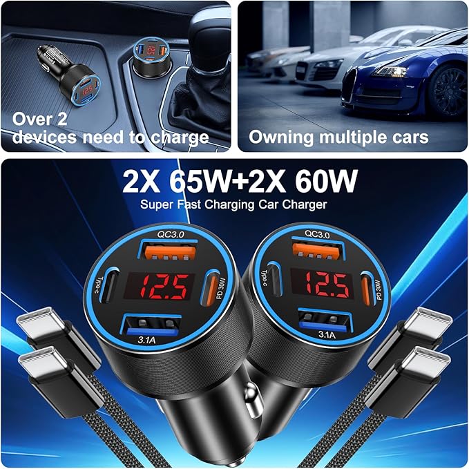 65W iPhone Car Charger Fast Charging, 2Pack 4 Port USB C Fast Car Charger+6ft Type C to C Cable, Dual USB-C & USB-A Cigarette Lighter Adapter with Voltmeter for iPhone 16 15 Pro Max,iPad,Samsung,Pixel