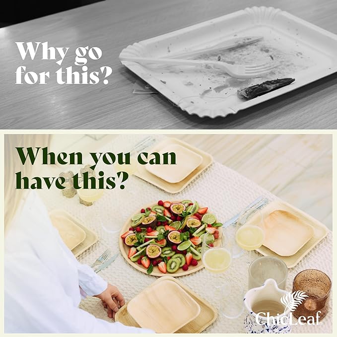 Chic Leaf All Natural Compostable & Disposable Rectangular 15" Round Palm Leaf Tray for Parties, Charcuterie Boards, Catering & Weddings - Palm Leaf Platter Party Plates Thanksgiving Dinner (10 pc)