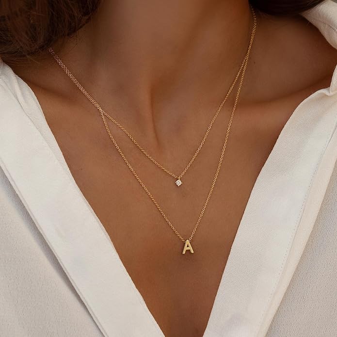 Layered Initial Necklaces for Women, 14k Gold Plated Letter Necklace Set Dainty Gold Initial Necklace Stack Cute Layering Choker Necklaces for Women Trendy Fashion Jewelry