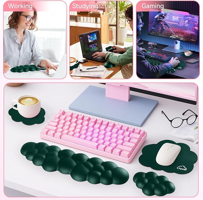 Cloud Wrist Rest for Computer Keyboard, 4-in-1 Memory Foam Leather Cloud Keyboard Wrist Rest and Mouse Pad Set with Ergonomic Support for Arm and Palm Cushion, Gaming/Work Setup, Dark Green