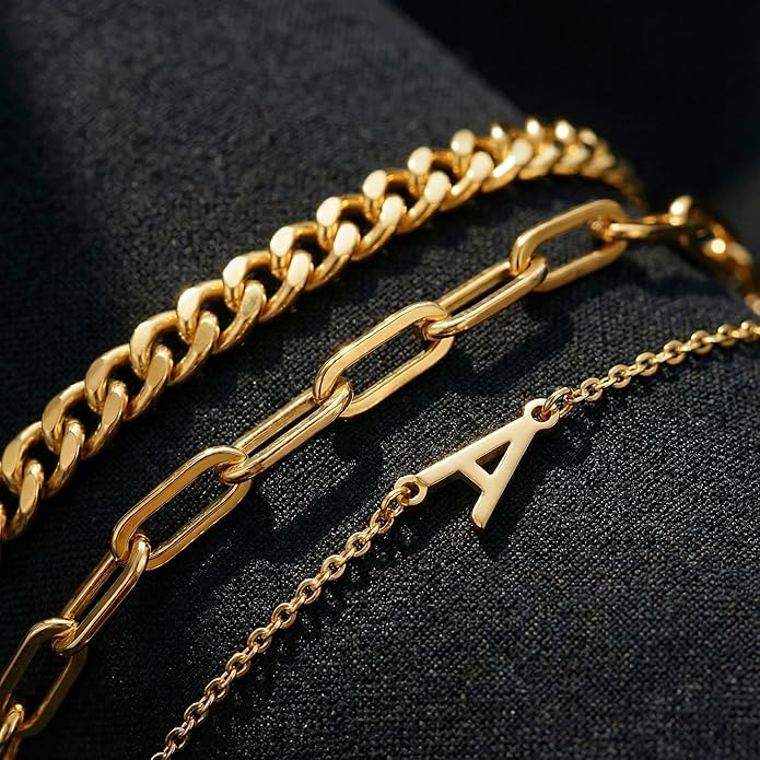 14K Gold Plated Bracelets for Women, A–Z Initial Charm Bangles Jewelry Set, Elegant Gold Accessories, Friendship Bracelet Gifts for Mom