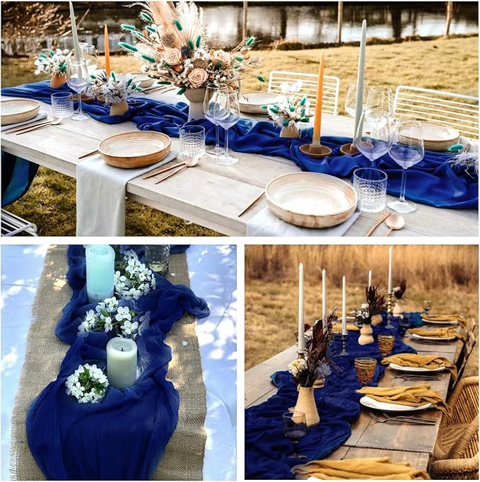 12 Pack Royal Blue Cheesecloth Table Runner 10FT Boho Gauze Fabric Table Runner 35 x 120 Inch Rustic Sheer Runner for Wedding Decor Baby Shower Party Boho Table Decoration