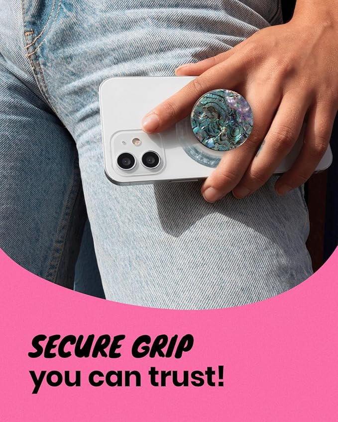 OnTheGrip Cute Natural Seashell Design Round Shape Collapsible Mobile Phone Grip Stand Holder for Smartphone Tablet Cell Phone Accessory (Black Fresh Water)