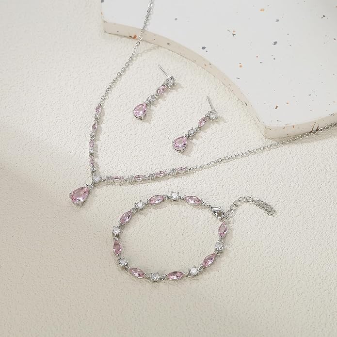 Crysdue Teardrop Bridal Jewelry Set for Wedding Party, Silver/14K/Rose Gold Plated Prom Costume Jewellery for Bride Bridesmaids Women, Cubic Zirconia Necklace Dangle Earrings Bracelet