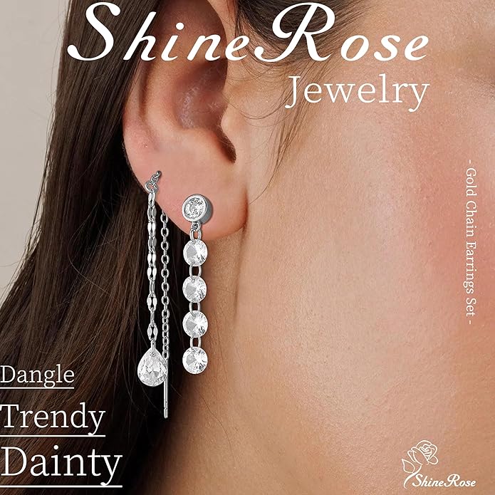 Dangle Earrings For Women Trendy 14K Gold Plated Drop Silver Long Dangling Dainty CZ Simple Hanging Jewelry