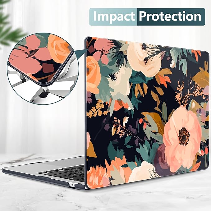 TWOLSKOO Compatible with M4 MacBook Air 15 inch Case 2025-2023 Released Model M4 A3241 M3 A3114 M2 A2941, Plastic Hard Shell & Screen Protector & Keyboard Cover &Type C Adapter, Bright Abstract Flower