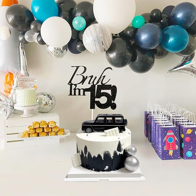 Bruh I'm 15 Cake Topper - Black Glitter Happy 15th Birthday Decorations for Boys Teens, Funny 15 Year Old Party Supplies, Bro I'm 15 Cake Decor (Bruh I'm 15！, 15th black)