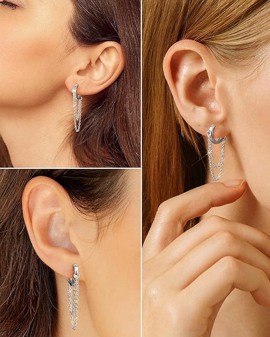 Tassel Chain Small Gold Hoop Dangle Earring For Women Huggie Earring Heart Star CZ 14K Gold Plated Fashion Jewelry Friendship Gift