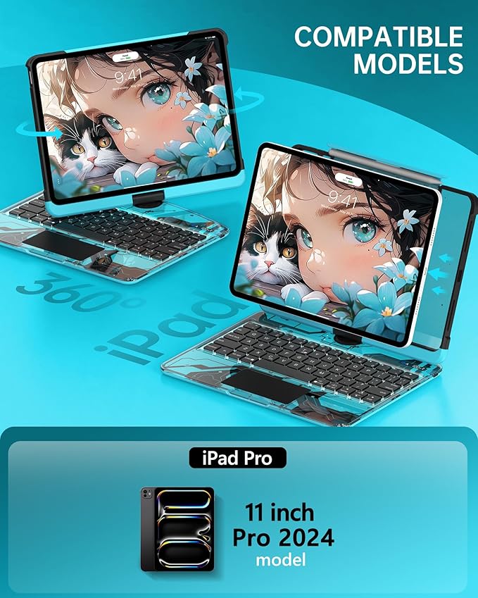 Intermerge Clear Keyboard Case for iPad Pro 11" (M4) 2024 Only, 360° Swivel Multi-Touch Trackpad, 7-Color RGB Backlit, Pencil Holder, Type-C, Power Indicator, Aqua Pulse
