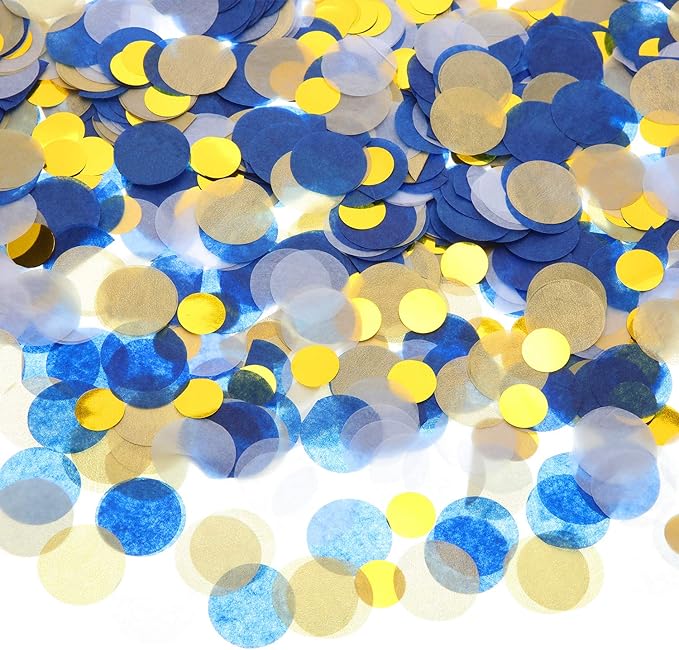TecUnite Round Tissue Paper Table Confetti Dots for Wedding Birthday Party Decoration, 1.76 oz(Blue Gold Confetti,2.5 cm)