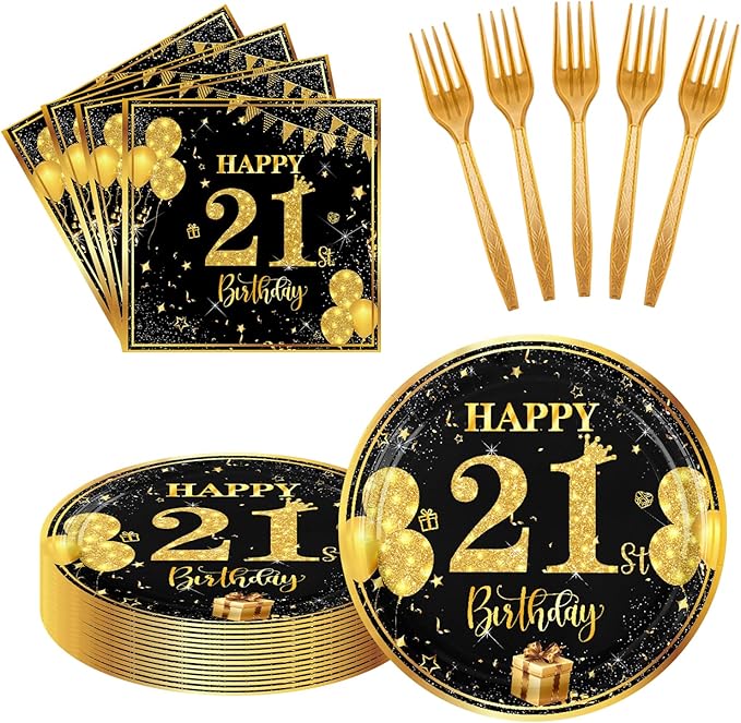 21th 7 inch Birthday Party Paper Plates and Napkins Forks 60 pcs Black Gold Birthday Decorations for Boys Girls Tableware Set Anniversary Party Supplies,Serve 20