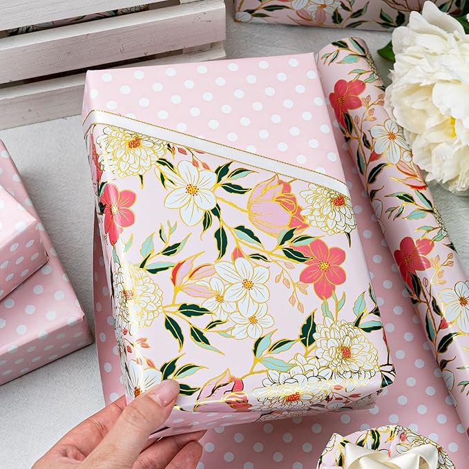 MAYPLUSS Pink Flower Wrapping Paper Roll, Gold Edge Design Floral Gift Wrap For Mothers Day, Wedding, Bridal Shower, Birthday, 17 Inch x 33 Feet