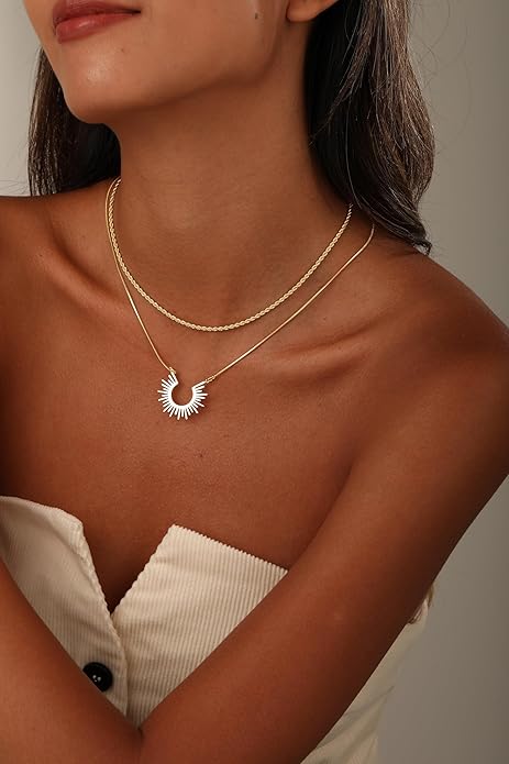 CHESKY Layered Necklaces for Women Trendy, Dainty 14k Gold Plated Pendant Necklace Layering Necklace for Women Non Tarnish Hypoallergenic Sun Gold Necklace Stack Gold Jewelry for Women Gifts