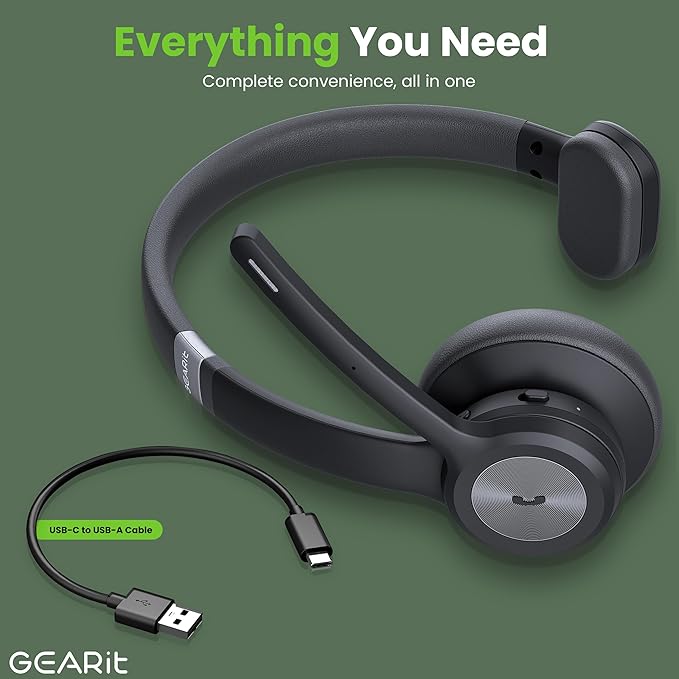GEARit Wireless Bluetooth Headset with Mic - 35 Hrs Talk Time - for Trucker, w/Noise Cancelling Microphone & Mute Button - Easy to Set Up Wireless for Work, Phone Calls, Homes, Offices