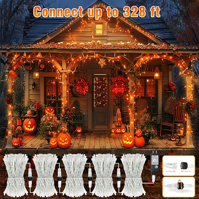 66FT 200 LED Christmas Lights Outdoor, Orange Christmas Lights Waterproof 8 Modes Timer, Connectable Clear Wire Fairy Twinkle Light for Indoor Bedroom Tree Yard Party Holiday Decorations