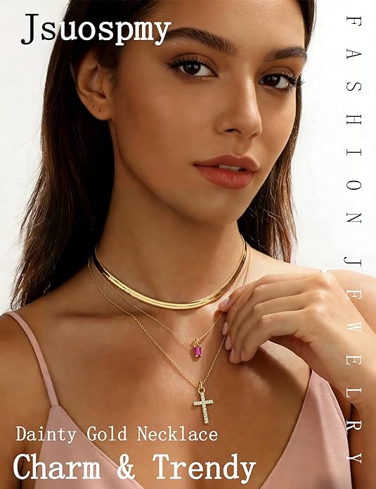 3Pcs Gold Layered Necklaces for Women, 14K Gold Plated Cross Necklace, Dainty Birthstone Necklace for Women, Herringbone Gold Necklaces Set, Stackable Women's Gold Pendant Necklaces Jewelry Set