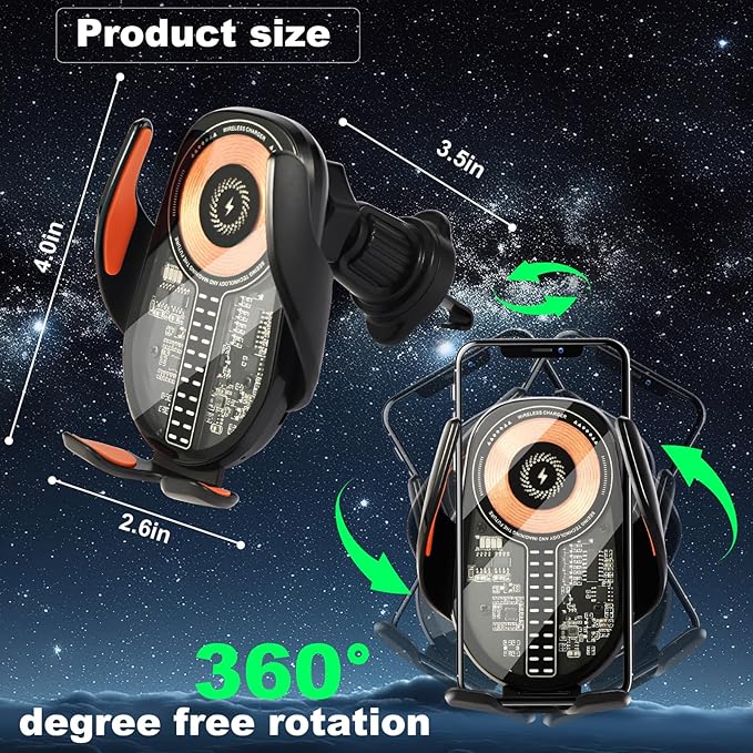 Wireless Car Charger, Cell Phone Car Mount 15W Fast Charging Auto Clamping for Car Vent Phone Holder Charger for iPhone 16 15 14 13 12 11 Pro Max, Glaxy S24 Ultra, LG, Google