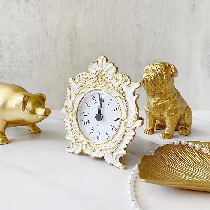 Decorative Mini Table Clock, Vintage Metal Silent Analog Quartz Battery Operated Table Top Clock for Living Room Decor Shelf