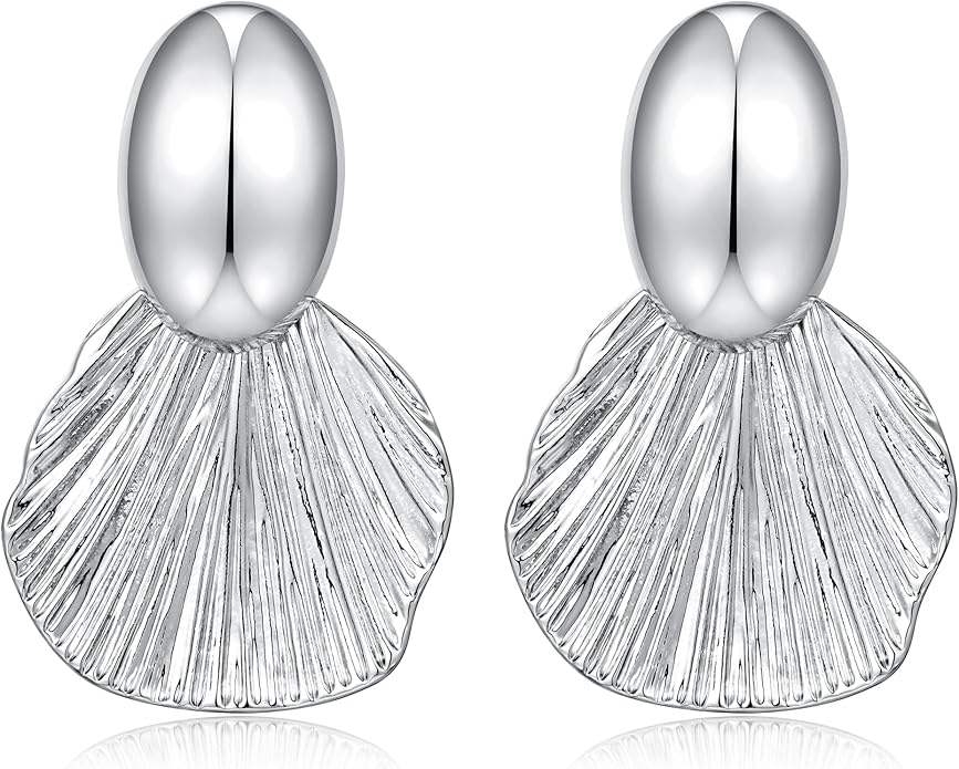 Gold Plated Earrings Dangle Chunky Fan-shaped Earrings Shell Earring for Women Two-Tone Fashion Statement Jewelry