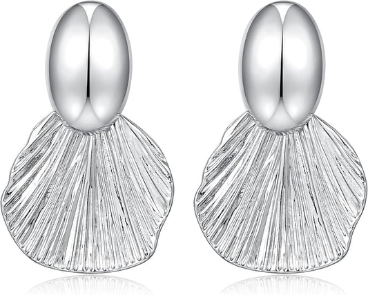 Gold Plated Earrings Dangle Chunky Fan-shaped Earrings Shell Earring for Women Two-Tone Fashion Statement Jewelry