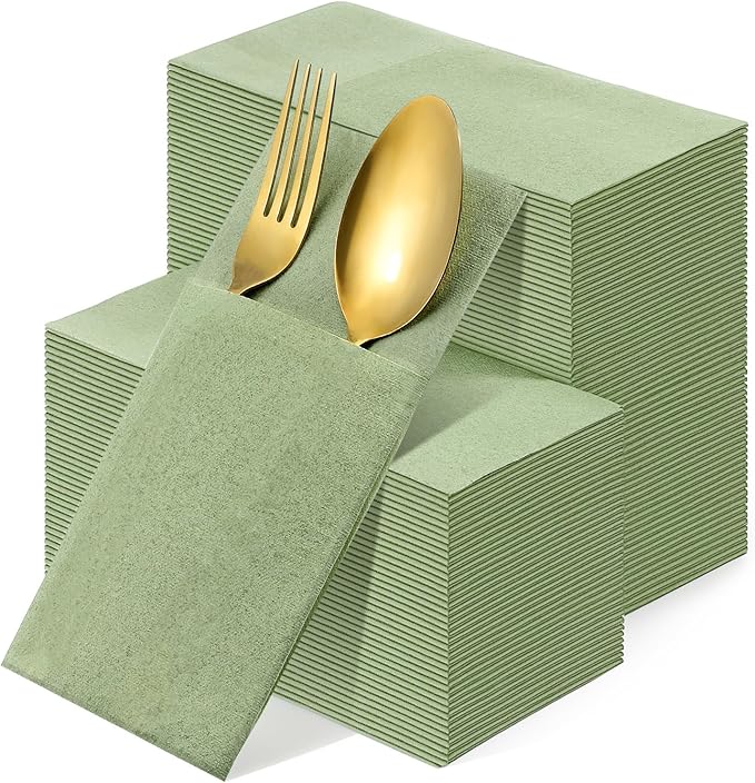120 Pcs Sage Green Linen Feel Napkins with Pocket, 2 Ply Sage Green Wedding Napkins, Decorative Dinner Napkin Paper, Prefolded Paper Disposable Airlaid Guest Hand Towel (16 x 16 inch)
