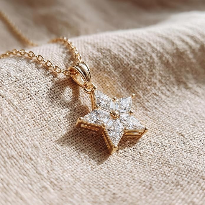 Fettero Christmas Necklace for Women Trendy 14K Gold Plated Dainty Diamond Necklace Charm CZ Clover Star Pendant Necklaces Simple Jewelry Gold Necklace for Women