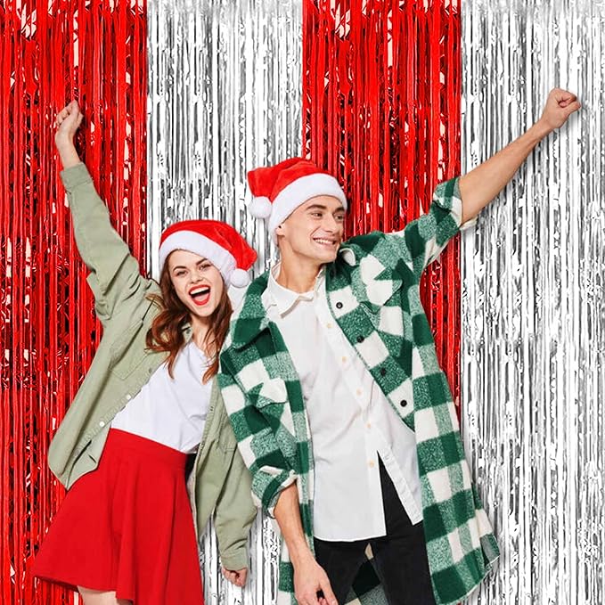 3 Pack Red and Silver Foil Fringe Curtains Backdrop, 3.28 x 8.2 Ft Metallic Streamers Tinsel Curtains Background for Photo Booth, Birthday, Halloween, Christmas, New Year Party Decorations