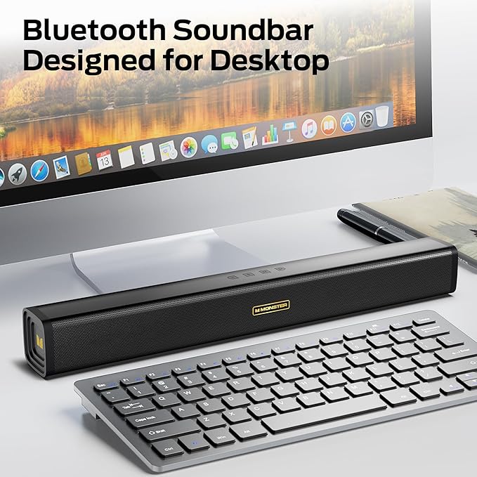 Monster S220 Bluetooth Soundbar for TV, Bluetooth 5.4 Sound Bar, 2.0CH with Dual Bass Diaphragm, All-in-one Home Theater Speakers, Compact, AUX/USB/TF Card Connection for TV/PC/Gaming/Projectors